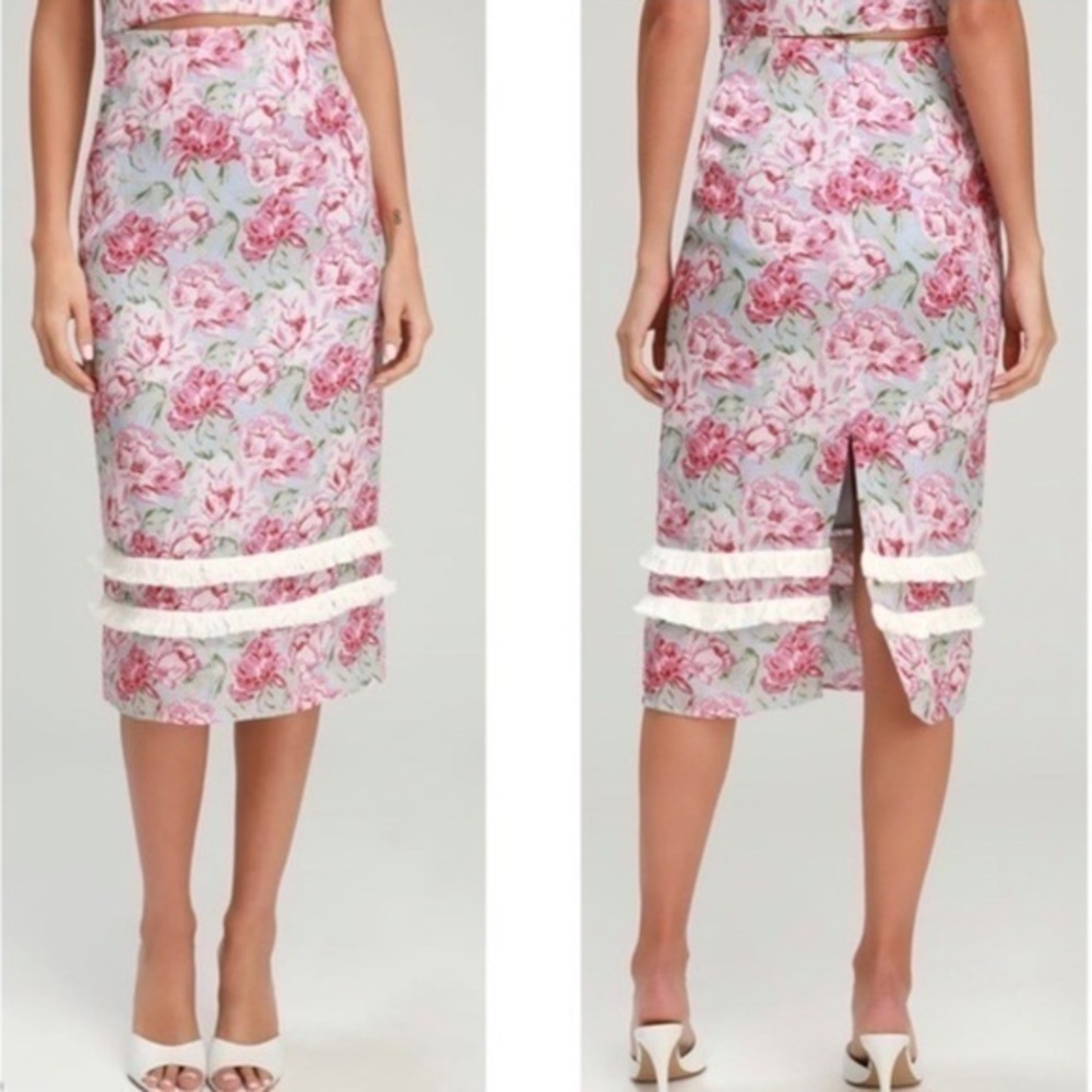 NWOT WAYF 100% Linen Pink Floral Fringe Tamera Midi Skirt